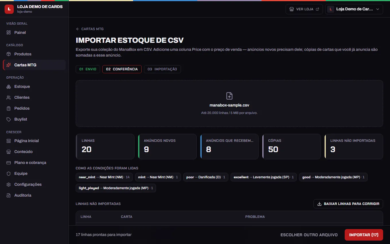 Revisão de importação de um CSV do ManaBox, com 20 linhas, 9 listagens novas, 50 cópias e 3 linhas não importadas