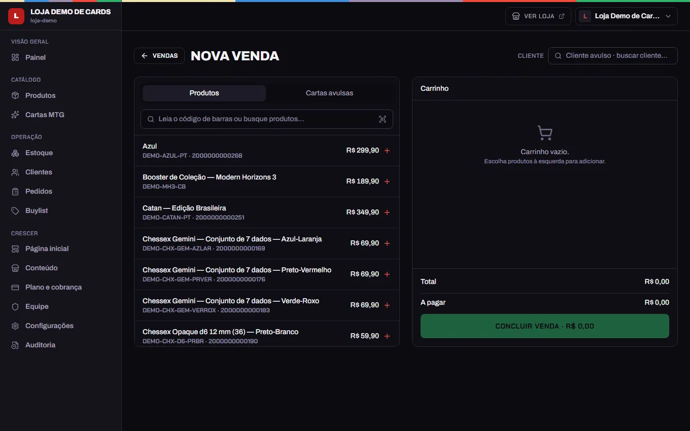Tela de nova venda no PDV do painel, com produtos e carrinho (painel em inglês)