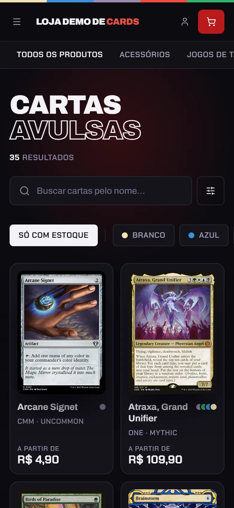 Catálogo de cartas avulsas da loja demo no celular