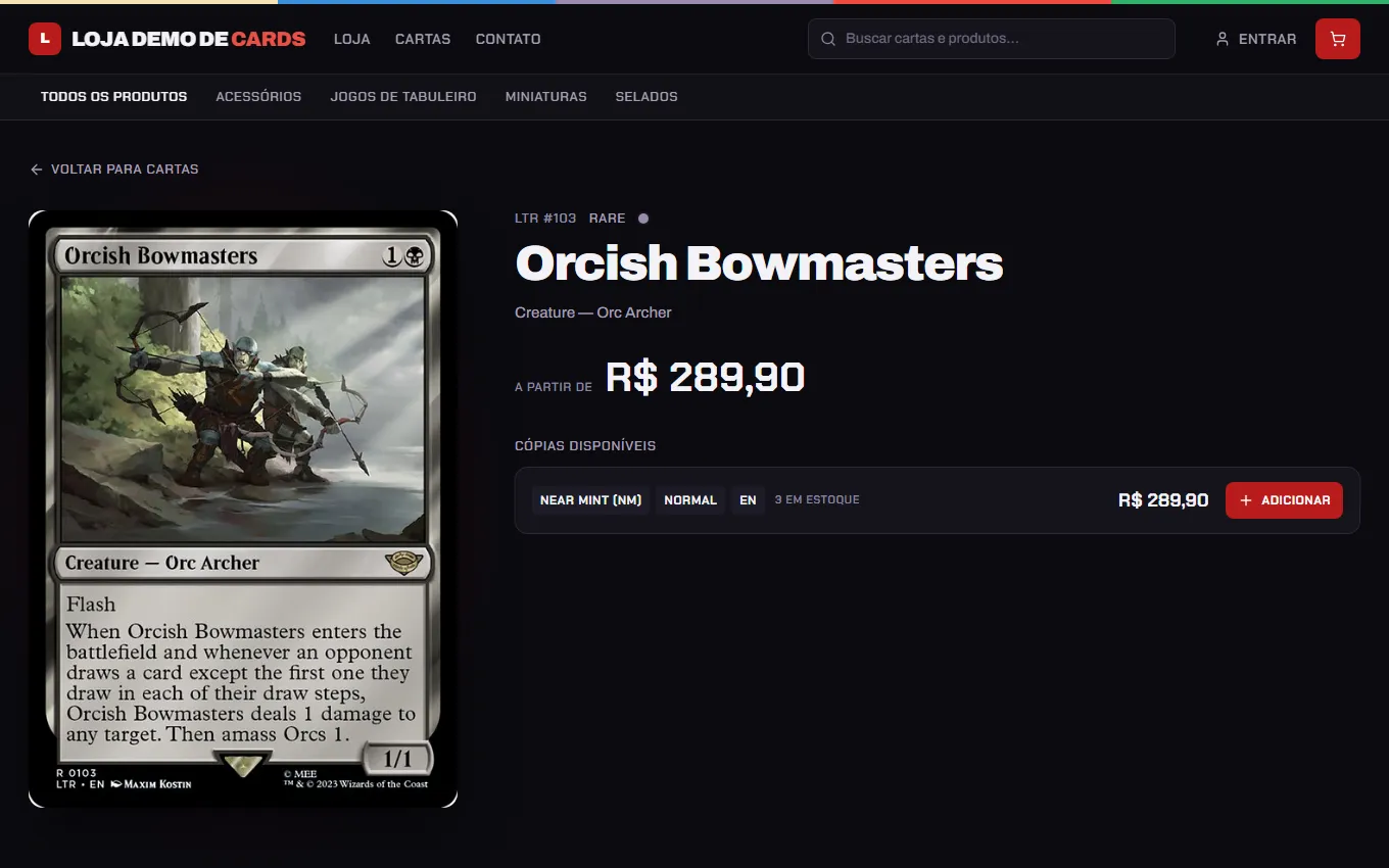 Página de uma carta na loja demo, com preço e cópias disponíveis por condição, acabamento e idioma